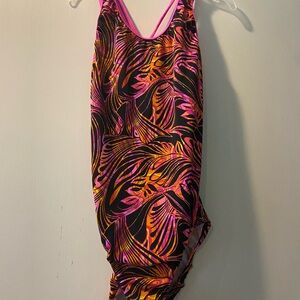 GK Black Tank Leotard with Pink and Orange Swirl Print